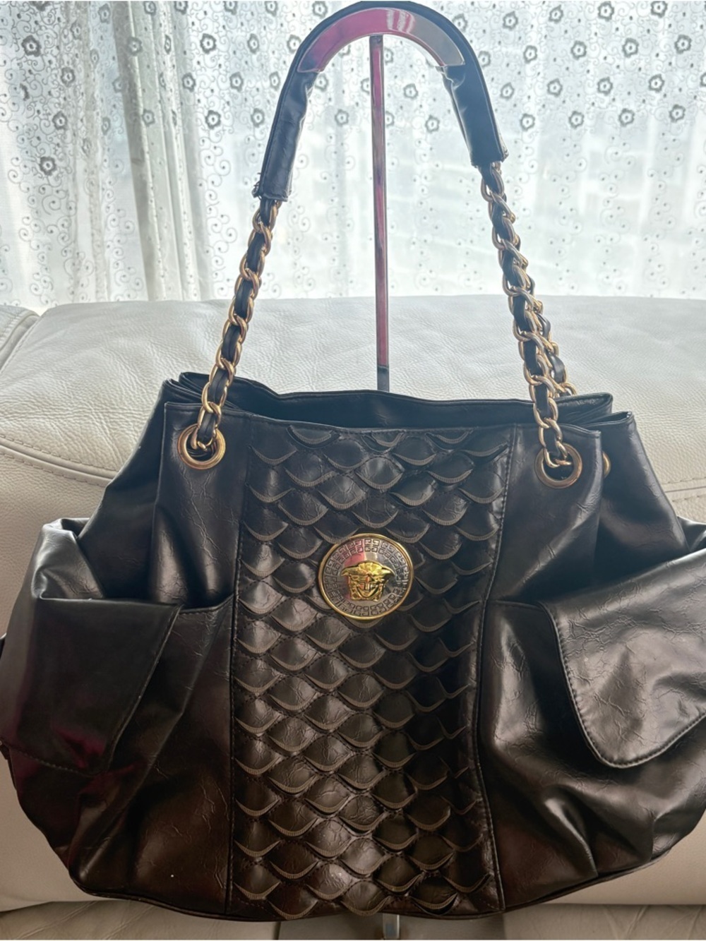 Brown Embossed Faux Leather Jumbo Medusa Shoulder Bag with Chain Handles Y2K